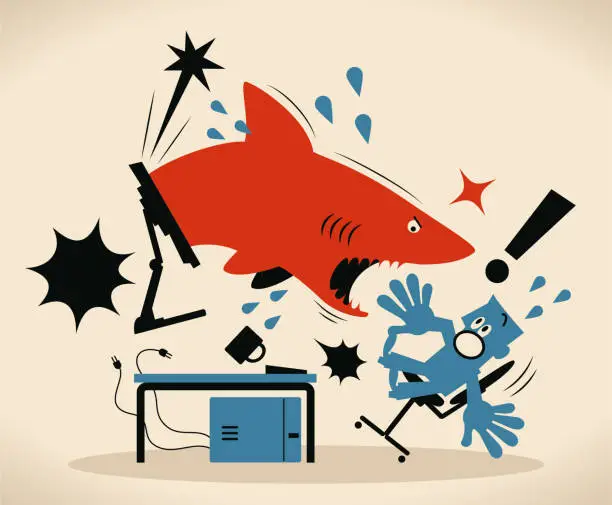 Vector illustration of Blue businessman that is using computer is getting attacked by a shark that springs out of monitor