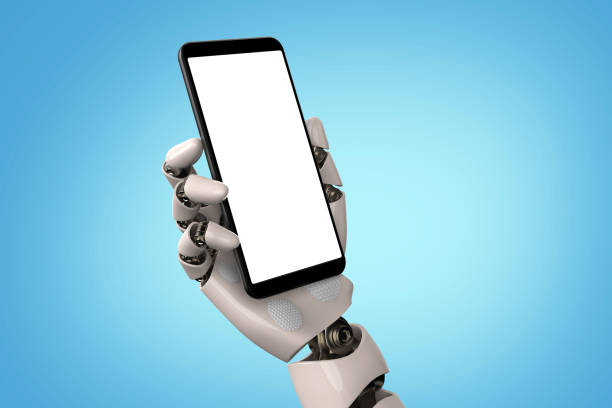 istock 3d Rendering Robot Hand holding a Smartphone with Blank White Screen isolated on background with Clipping Path stock photo 1214166684