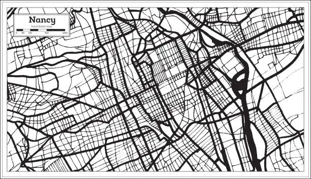 Vector illustration of Nancy France City Map in Black and White Color in Retro Style. Outline Map.