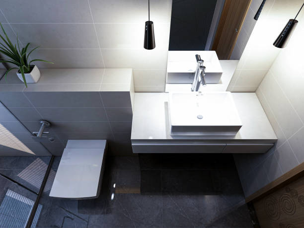 istock 3D rendering,Clean modern residential bathroom and toilet design, which is equipped with washstand, toilet and shower equipment, etc. 1214169281