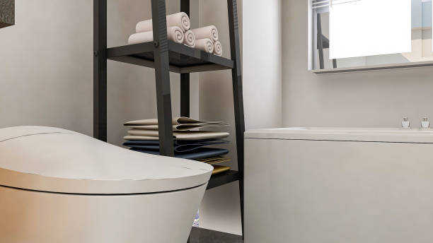istock 3D rendering,Clean modern residential bathroom and toilet design, which is equipped with washstand, toilet and shower equipment, etc. 1214169286
