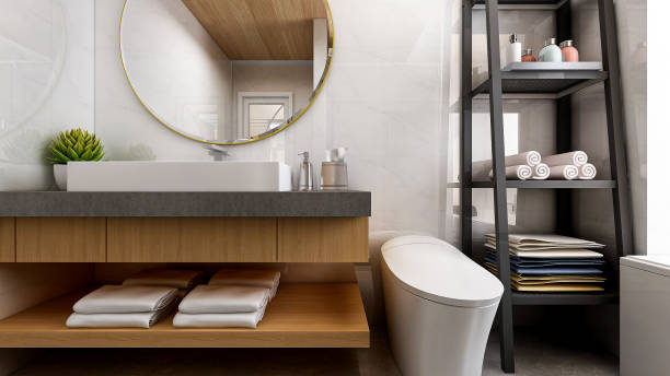 istock 3D rendering,Clean modern residential bathroom and toilet design, which is equipped with washstand, toilet and shower equipment, etc. 1214169288