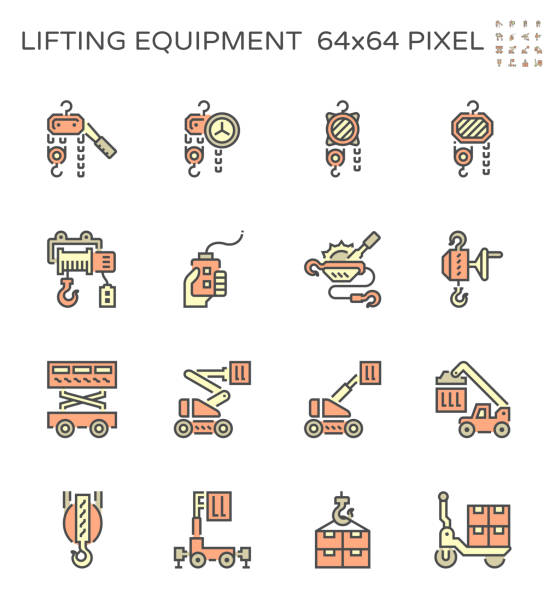 illustrations, cliparts, dessins animés et icônes de ensemble d’icônes de vecteur de treuil et d’équipement de levage, 64x64 pixel strok parfait et modifiable - crane hook industry picking up