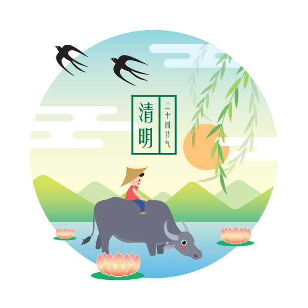 清明 （明亮 + 清澈 - 中國 24 太陽術語） 卡通牛仔 – 水牛與春天的風景 - 清明節 幅插畫檔、美工圖案、卡通及圖標