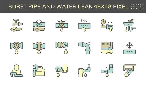 Vector illustration of Burst pipe and water leak vector icon set design, 48X48 pixel perfect and editable stroke.