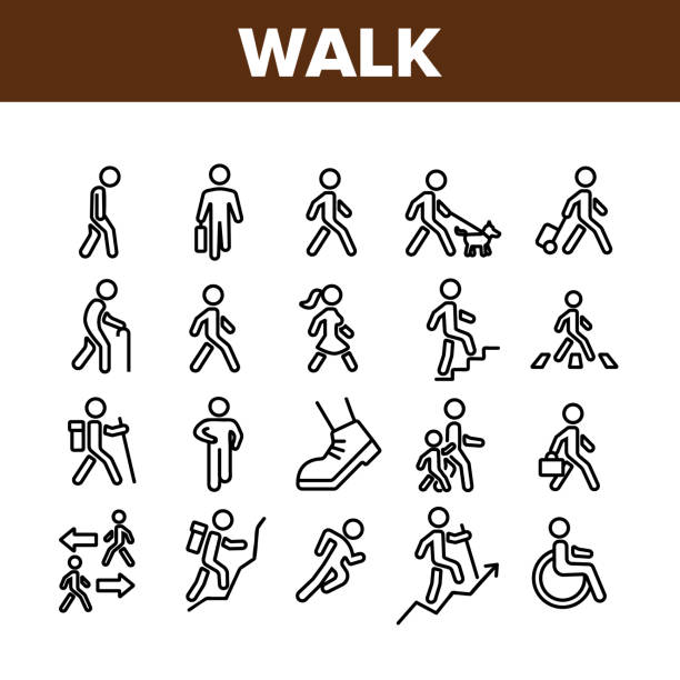 Walk People Motion Collection Icons Set Vector Walk People Motion Collection Icons Set Vector. Human Walk With Dog And Luggage, With Case And Backpack, Crosswalk And Stairs Concept Linear Pictograms. Monochrome Contour Illustrations senior dog stock illustrations