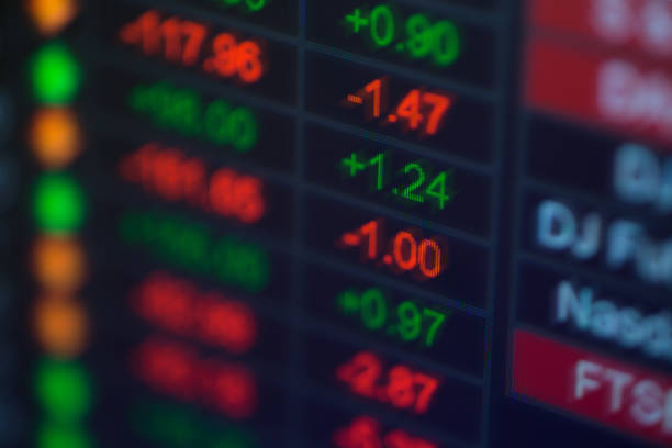 istock Stock market data on LED display concept. 1214175036