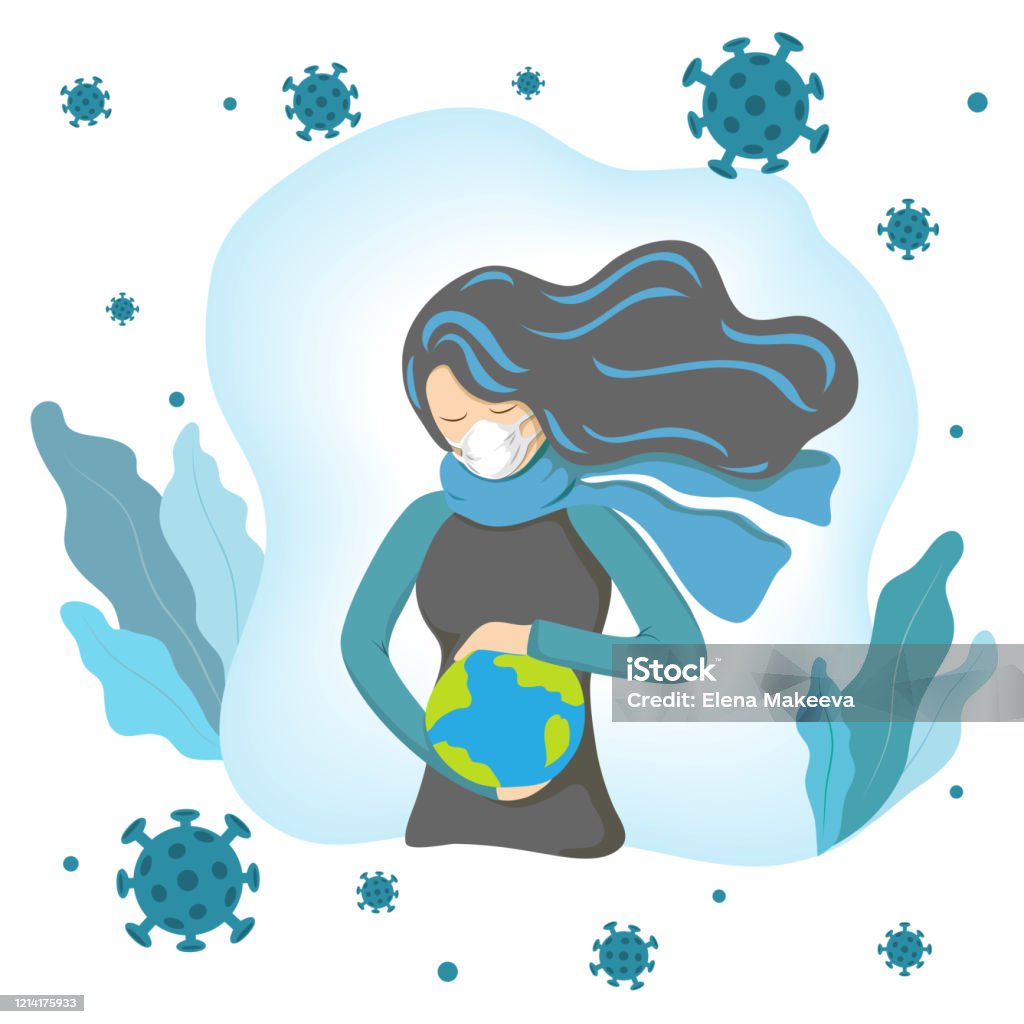 Coronavirus concept. woman in medical face mask holds planet in hand and saves it from flying around coronaviruses. biological hazard illustration.respiratory virus outbreak on earth. world protection. Coronavirus concept. woman in medical face mask holds planet in hand and saves it from flying around coronaviruses. biological hazard illustration.respiratory virus outbreak on earth. world protection Adult stock vector