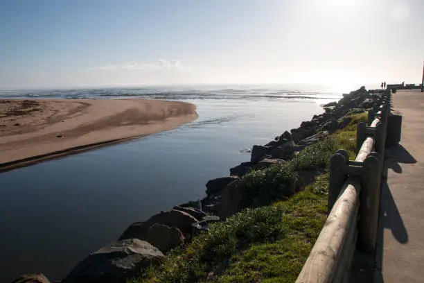 Mouth of umgeni river entering indian ocean at Durban, South Africa