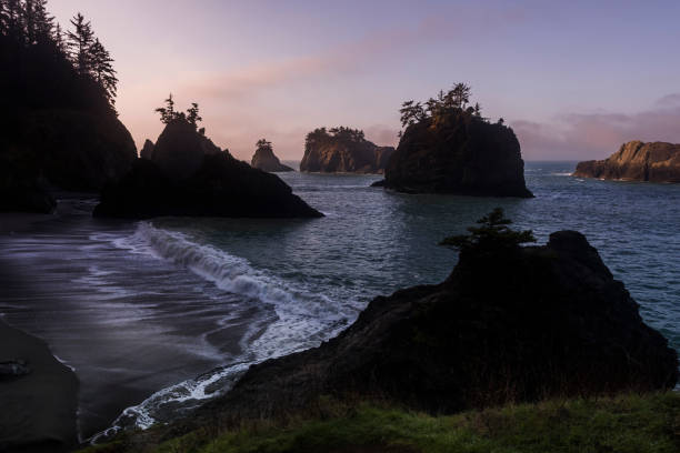 istock Morning mist over silhouetted rocky shoreline 1214179254