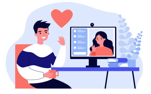 Happy people dating online flat vector illustration Happy people dating online flat vector illustration. Young man and woman chatting via laptop computer. Social media and communication concept. distant love stock illustrations
