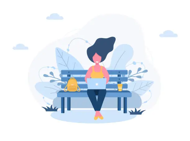 Vector illustration of Womens freelance. Girl with laptop sitting on bench in park. Concept illustration for working outdoors, studying, communication, healthy lifestyle. Vector illustration in flat style.