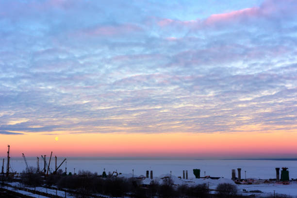 cold winter morning over the bay and the construction site