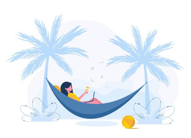 ilustrações de stock, clip art, desenhos animados e ícones de womens freelance. girl with laptop lies in hammock under palm trees with cocktail. concept illustration for working outdoors, studying, communication, healthy lifestyle. flat style. - hammock