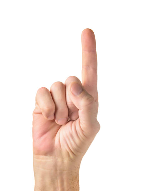 human hand holding index finger up over white background - finger raised imagens e fotografias de stock