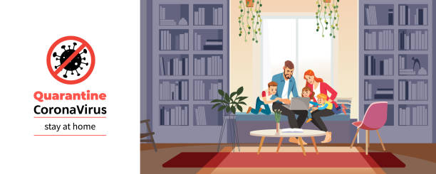 Coronavirus. Family at home with tutor or parent getting education at home during coronavirus self quarantine. Family conversation via video conference. Home schooling concept. Vector illustration. Coronavirus. Family at home with tutor or parent getting education at home during coronavirus self quarantine. Family conversation via video conference. Home schooling concept. Vector illustration family internet stock illustrations