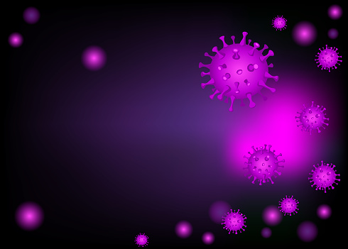 dark background with purple viruses and bokeh. put your text here. blank template for quote. COVID-19 pandemic. vector illustration. color image. stop coronavirus. design element for banner, leaflet, brochure, ad