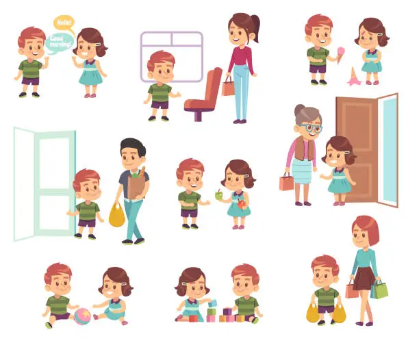 Vector illustration of Kids good manners. Polite children in different situations, little boys and girls helping adults, respect elderly cartoon vector characters