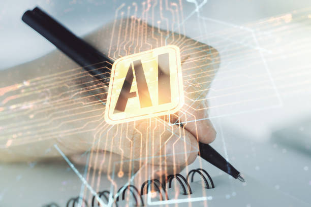 istock Double exposure of creative artificial Intelligence icon with man hand writing in notebook on background. Neural networks and machine learning concept 1214189982