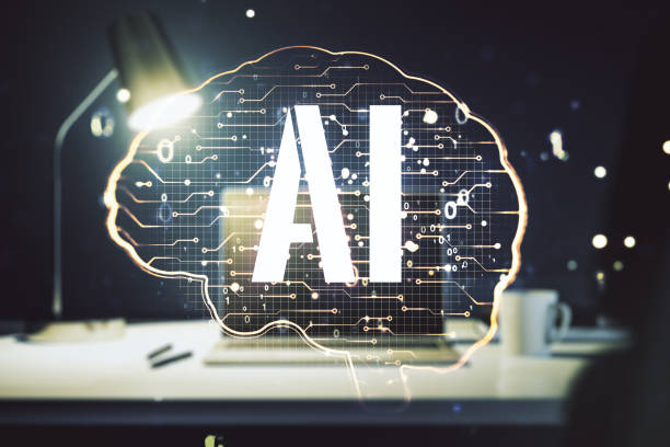 double exposure of creative artificial intelligence symbol with modern laptop on background. neural networks and machine learning concept - motor neuron imagens e fotografias de stock