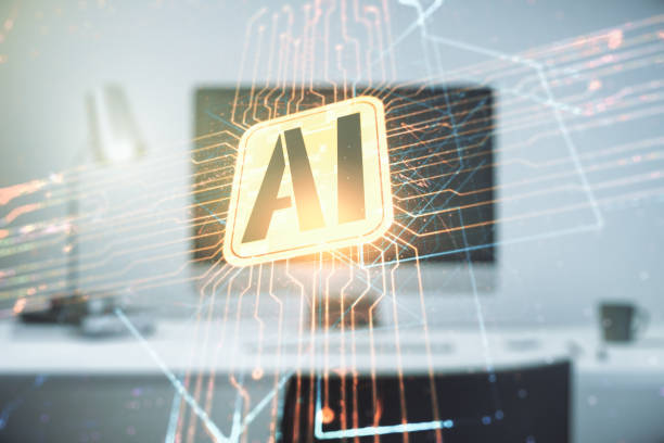 istock Double exposure of creative artificial Intelligence icon with modern laptop on background. Neural networks and machine learning concept 1214190720
