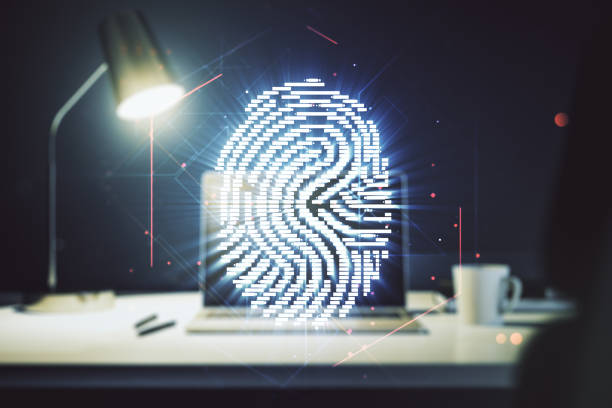 istock Multi exposure of creative fingerprint hologram on laptop background, personal biometric data concept 1214190829