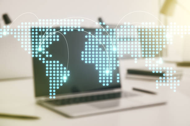 istock Abstract creative world map with connections on modern laptop background, international trading concept. Multiexposure 1214190877
