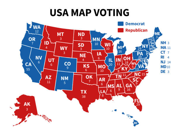 ilustraciones, imágenes clip art, dibujos animados e iconos de stock de usa map voting. mapa de las elecciones presidenciales cada voto electoral estatal americano que muestra la infografía de vectores políticos republicanos o demócratas - map usa election cartography