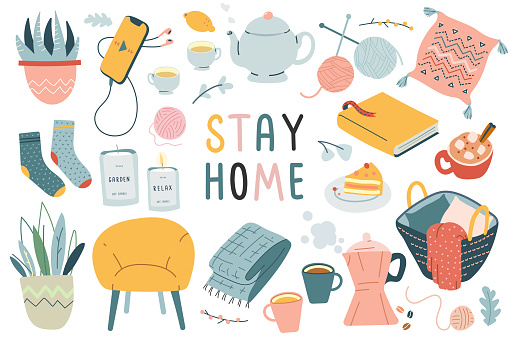 Stay home collection, indoors activities, concept of comfort and coziness, set of isolated vector illustrations, modern hand drawn art, scandinavian hygge design, isolation period at home