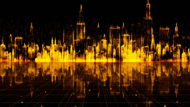 istock Gold color digital city, digital cyberspace with particles, Technology data network connections concept. 1214191608