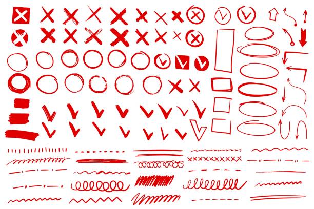 Hand drawn check signs. Doodle v mark for list items, checkbox chalk icons and sketch checkmarks. Vector checklist marks icon set Doodle check mark and underline. Hand drawn red check tick stroke. Cross, circle arrow mark for list items yes or no checklist vector pencil handwritten icons underline illustrations stock illustrations