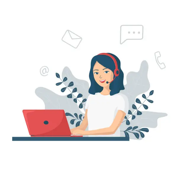 Vector illustration of Young smiling woman with headphones and a microphone with a laptop.Concept illustration for customer service, assistance, call center. Online customer support and helpdesk.