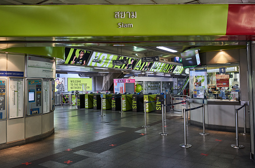 Siam BTS Skytrain station Bangkok, Thailand. 22/03/2020. The shutdown of shopping malls, markets, entertainment venues make Bangkok people stay at home. Normally crowded BTS Skytrain stations are almost empty now.
