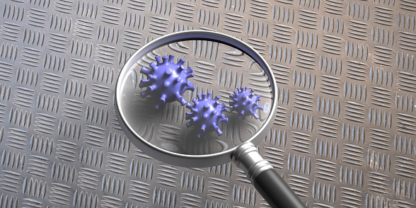 Coronavirus COVID 19 tracking, detection. Medical magnifying glass on virus strains on metal background. Covid19 disease infection concept, 3d illustration
