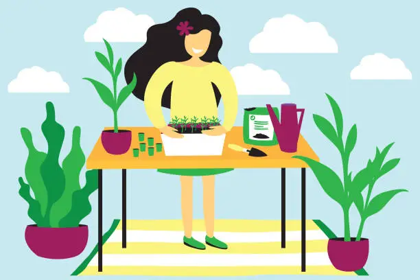 Vector illustration of Girl with plants. Happy girl plants seedlings. Around her are potted flowers. On the table is a pot with seedlings, watering, earth, a shovel. Home garden. Against the background of the sky with clouds. Gardening concept. Bright  flat vector illustration.
