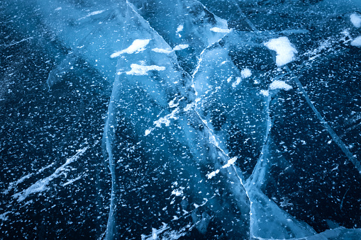 Baikal ice. Cracks in the ice of Baikal. Baikal cracks. Ice cracks on Siberia, Russia