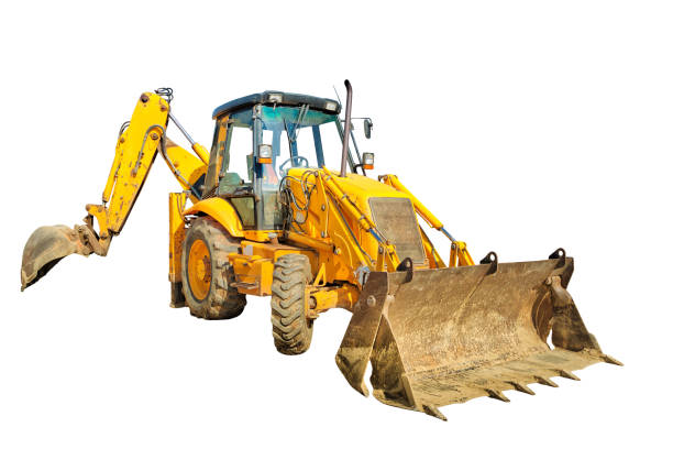 istock Bulldozer on wheels isolated on white 1214205671