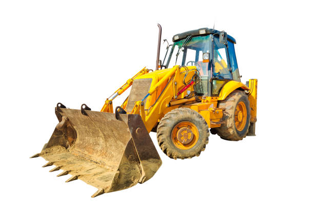 istock Bulldozer on wheels isolated on white 1214205679