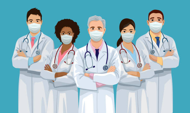 Medical team wearing face masks Medical team is wearing face masks and standing crossed arms. Group of confident doctors are ready to virus pandemic. Isolated vector illustration. doctor illustrations stock illustrations
