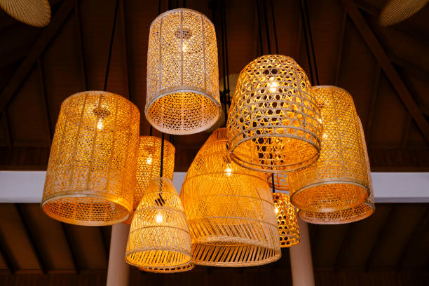 istock Wooden lanterns handing from the ceiling in Thailand 1214206749