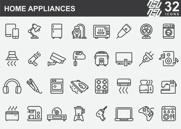 ilustraciones, imágenes clip art, dibujos animados e iconos de stock de iconos de la línea de electrodomésticos - kitchen equipment audio