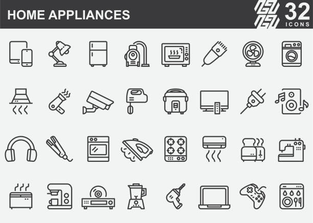 иконки линии домашней техники - computer icon home interior residential structure appliance stock illustrations