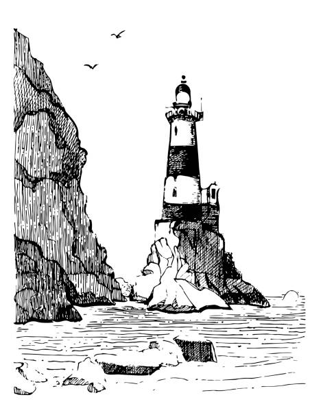 illustrations, cliparts, dessins animés et icônes de paysage de mer avec un phare. illustration dessinée à la main de mer. affiche pour une chambre d’enfants. beacon aniva russie. - sea storm lighthouse rough