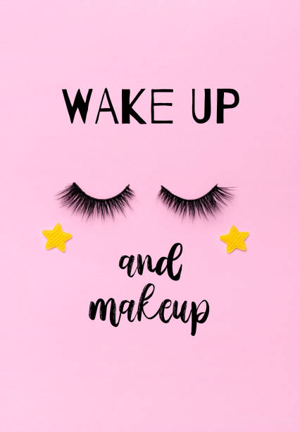istock Greeting card with eyelashes and text: wake up and makeup 1214207700