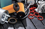 parts for scheduled car maintenance.Oil , air , fuel filter, Water pumps motor, belt car engine   for car