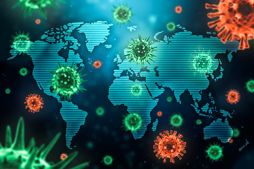 Epidemia viral o pandemia que se extiende por todo el mundo concepto con células microscópicas del virus y el mapa del mundo. Salud, medicina, contagio global y enfermedades transmisibles 3d renderización ilustración. photo