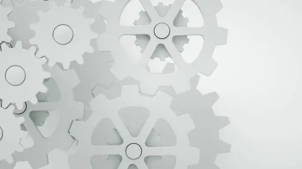 3d render Gears on white background, minimal teamwork concept, togetherness, progress, technology.