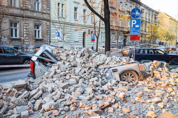 Zagreb hit by the earthquake destroyed cars stock photo