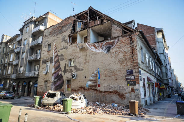 Zagreb hit by the earthquake destroyed cars stock photo