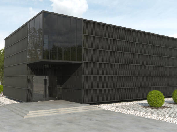 el edificio moderno es de color negro monocromo y forma rectangular.  fachada con terraza cubierta y espacio de fotocopias. renderizado 3d. - store facade window display office building fotografías e imágenes de stock